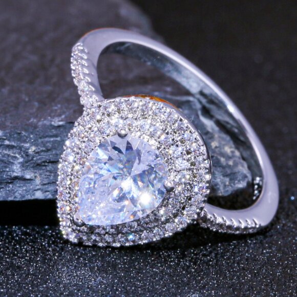 Wedding Large Pear Double Layer Water Drop Silver Ring for Women VIP505